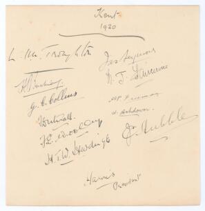 Kent C.C.C. 1920. Large album page beautifully signed in ink by the eleven of the Kent team plus the President, Lord Harris. Signatures are L.H.W. Troughton (Captain), J. Seymour, T.H.P. Beeching, W.J. Fairservice, G.C. Collins, F. Dutnall, A.P. Freeman, 