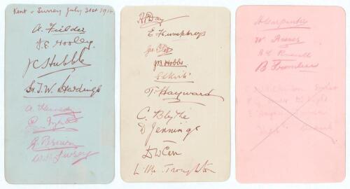 Kent v Surrey 1914. Three album pages of which two are signed in ink by fourteen players, the majority of whom played in the match Kent v Surrey at Blackheath 30th July- 1st August 1914, dated &lsquo;July 31st 1914&rsquo;. Signatures are Woolley, Hubble, Hardinge, Da