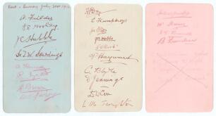 Kent v Surrey 1914. Three album pages of which two are signed in ink by fourteen players, the majority of whom played in the match Kent v Surrey at Blackheath 30th July- 1st August 1914, dated &lsquo;July 31st 1914&rsquo;. Signatures are Woolley, Hubble, Hardinge, Da