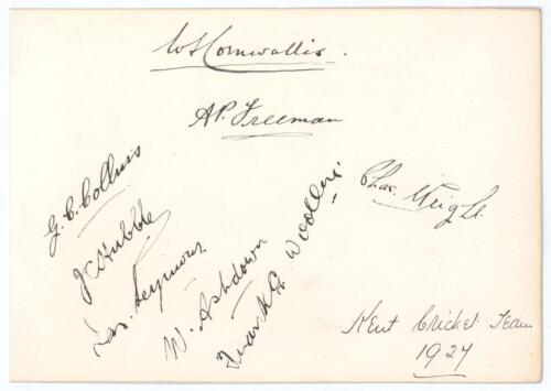 &lsquo;Kent Cricket Team 1927&rsquo;. Page beautifully signed in black ink by eight members of the Kent team. Signatures are Cornwallis, Freeman, Collins, Hubble, Seymour, Ashdown, Woolley and Wright. Handwritten title to lower right corner. Very good condition.