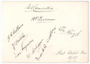 &lsquo;Kent Cricket Team 1927&rsquo;. Page beautifully signed in black ink by eight members of the Kent team. Signatures are Cornwallis, Freeman, Collins, Hubble, Seymour, Ashdown, Woolley and Wright. Handwritten title to lower right corner. Very good condition.