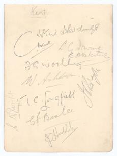 Kent C.C.C. 1927. Album page nicely signed in pencil by the Kent eleven who played Leicestershire at the Aylestone Road in August 1927. Signatures include Bryan (Cpt), Knott, Hubble, Woolley, Wright, Irvine, Valentine, Longfield etc. Good condition