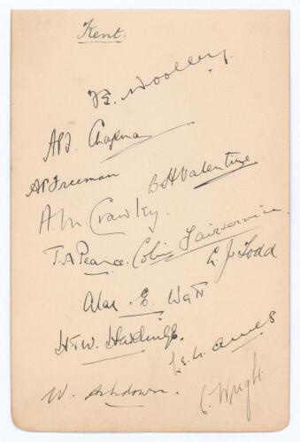 Kent C.C.C. 1930. Album page very nicely signed in ink by thirteen members of the Kent team. Signatures include Woolley, Chapman, Freeman, Valentine, Crawley, Wright, Pearce, Watt, Hardinge, Ames etc. Good condition