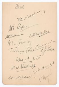 Kent C.C.C. 1930. Album page very nicely signed in ink by thirteen members of the Kent team. Signatures include Woolley, Chapman, Freeman, Valentine, Crawley, Wright, Pearce, Watt, Hardinge, Ames etc. Good condition