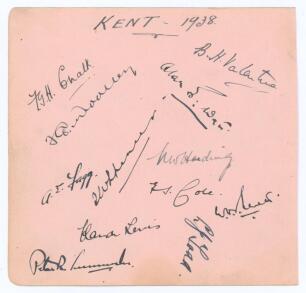 Kent C.C.C. 1938. Album page very nicely signed in ink by twelve members of the Kent team. Signatures include Chalk (Cpt), Woolley, Watt, Fagg, Harding, E.S. Cole, Levett, Spencer, Lewis, Sunnocks etc. To the back of the page are eleven ink signatures of 