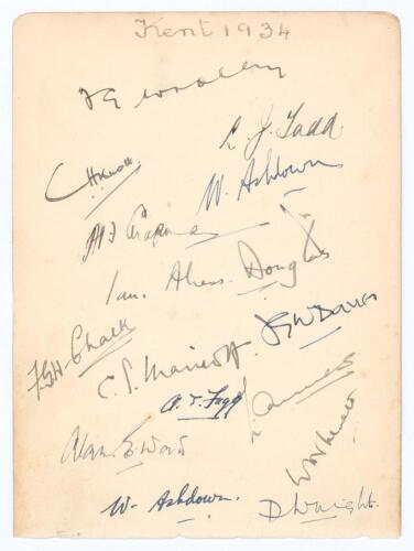 Kent C.C.C. 1934. Album page very nicely signed in ink by fifteen members of the Kent team. Signatures include Chapman (Cpt), Woolley, Ashdown, D. Wright, Ames, Todd, Akers-Douglas, Chalk, J.G.W. Davies, Fagg, Levett etc. Bill Ashdown has signed the page 