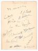 Kent C.C.C. 1934. Album page very nicely signed in ink by fifteen members of the Kent team. Signatures include Chapman (Cpt), Woolley, Ashdown, D. Wright, Ames, Todd, Akers-Douglas, Chalk, J.G.W. Davies, Fagg, Levett etc. Bill Ashdown has signed the page 