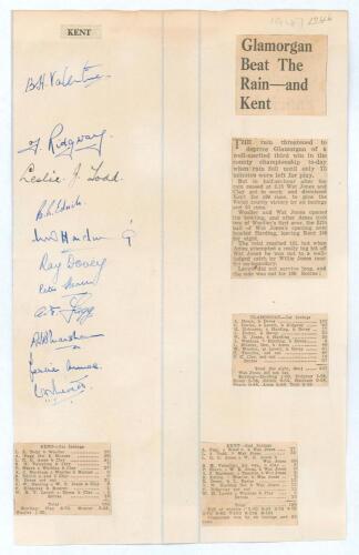Kent C.C.C. 1946. Piece of ledger page from a scrapbook nicely signed in ink by the Kent team who played Glamorgan in June 1947 at Newport. Signatures include Ames (Cpt), Valentine, Todd, Edrich, Dovey, Fagg, Marsham, Levett, Harding etc. Newspaper cuttin