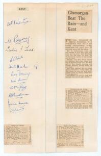 Kent C.C.C. 1946. Piece of ledger page from a scrapbook nicely signed in ink by the Kent team who played Glamorgan in June 1947 at Newport. Signatures include Ames (Cpt), Valentine, Todd, Edrich, Dovey, Fagg, Marsham, Levett, Harding etc. Newspaper cuttin
