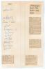 Kent C.C.C. 1946. Piece of ledger page from a scrapbook nicely signed in ink by the Kent team who played Glamorgan in June 1947 at Newport. Signatures include Ames (Cpt), Valentine, Todd, Edrich, Dovey, Fagg, Marsham, Levett, Harding etc. Newspaper cuttin