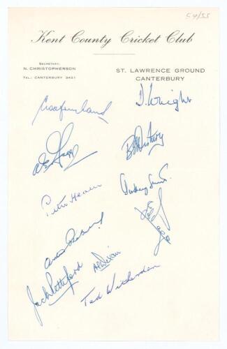 &lsquo;Kent County Cricket Club circa 1955. Official club headed paper nicely signed in ink by the Kent team of 1955. Signatures include Wright, Evans, Fagg, Disbury, Smith, Page, Pettiford, Witherdean, Dixon etc. Very good condition