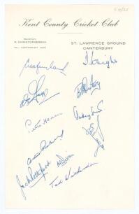 &lsquo;Kent County Cricket Club circa 1955. Official club headed paper nicely signed in ink by the Kent team of 1955. Signatures include Wright, Evans, Fagg, Disbury, Smith, Page, Pettiford, Witherdean, Dixon etc. Very good condition