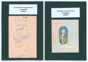 Northern county teams 1930&rsquo;s. Two album pages featuring the signatures of Lancashire and Yorkshire players, each page laid down to black card with typed heading to top and players names on sheet to back of card. Signatures are Barlow, Bennett, Butterworth