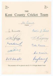 &lsquo;The Kent County Cricket Team&rsquo; 1950. Official &lsquo;Doug Wright Benefit Fund&rsquo; autograph sheet signed by the team. Eleven signatures in ink including Clark (Cpt), Ames, Wright, Todd, Dovey, Edrich, Evans, Fagg, Hearn etc. Very good condition