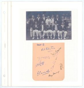 Kent C.C.C. c.1948 & 1955. Two album pages, one for c.1948 signed in ink by eight, the other for 1955 by eleven members of Kent teams. Signatures include Valentine, Davies, Evans, Fagg, Hearn, Crush, Dovey, Todd, Allan, Pettiford, Ufton, Wright, Phebey, W