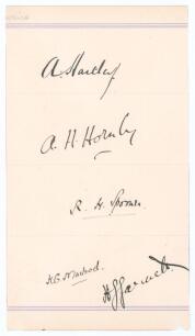 Lancashire C.C.C. 1909. Page beautifully signed in black ink by five Lancashire players. Signatures are A. Hartley (Lancashire 1907-1914), A.H. Hornby (Cambridge University & Lancashire 1898-1914), R.H. Spooner (Lancashire & England 1899-1921), K.G. MacLe