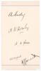 Lancashire C.C.C. 1909. Page beautifully signed in black ink by five Lancashire players. Signatures are A. Hartley (Lancashire 1907-1914), A.H. Hornby (Cambridge University & Lancashire 1898-1914), R.H. Spooner (Lancashire & England 1899-1921), K.G. MacLe