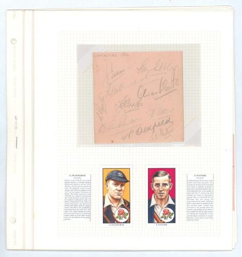 Lancashire C.C.C. 1930s-1950s. A selection of five album pages comprising signatures of four Lancashire teams of the period. One page is signed in pencil by ten members of the 1936 team including Iddon, Sibbles, Duckworth, Washbrook, Paynter, Booth, Parki