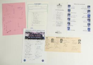 Middlesex C.C.C. 1951-2004. Page with handwritten title and players names, signed in ink by ten Middlesex players c.1951. Signatures are Edrich, D. & L. Compton, Young, Moss, Robertson, Sharp, Brown, Sims and Thompson. Heavy folds and some age toning to t