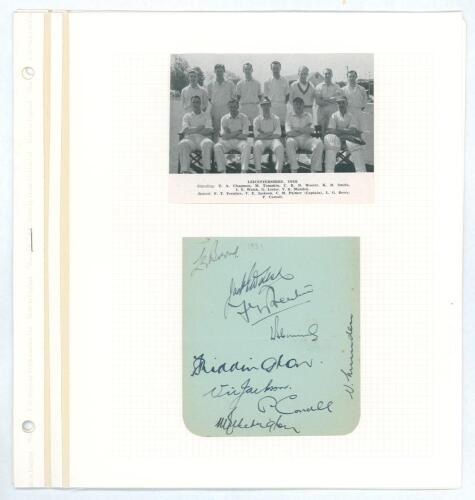 Leicestershire C.C.C. c.1951, 1954 and 1956. Three album pages comprising signatures of Leicestershire teams. One signed in ink by nine members of the team c.1951, one by eleven of 1954, the other by thirteen of the 1956 team. Signatures include Berry, Wa