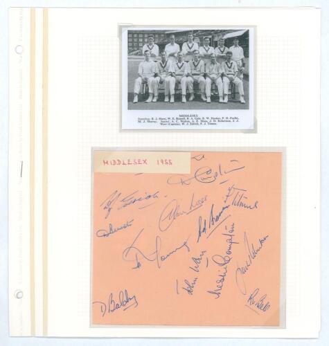 Middlesex C.C.C. 1955 and 1957. Two larger album pages comprising signatures of Middlesex teams. One signed in ink by twelve members of the 1955 team, the other by eleven of 1957. Signatures include Edrich, D. & L. Compton, Bennett, Moss, Titmus, Brown, B