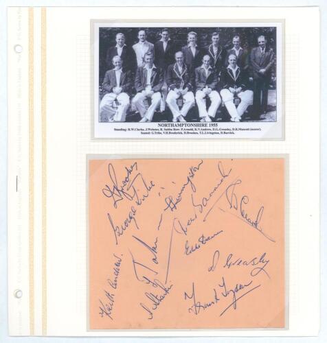 Northamptonshire C.C.C. c.1954 and 1956. Two larger album pages comprising signatures of Northamptonshire teams. One signed in ink by eleven members of the 1955 team, the other by eleven of 1956. Signatures include Brookes, Tribe, Andrew, Jakeman, Livings