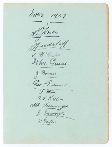 Nottinghamshire 1909. Large album page very nicely signed in black ink by eleven members of the 1909 Nottinghamshire team. Signatures are A.O. Jones (Captain), J. Hardstaff, T.W. Oates, J.R. Gunn, J.W. Barnes, G. Gunn, T.G. Wass, A.W. Hallam, A. Iremonger