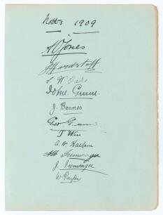 Nottinghamshire 1909. Large album page very nicely signed in black ink by eleven members of the 1909 Nottinghamshire team. Signatures are A.O. Jones (Captain), J. Hardstaff, T.W. Oates, J.R. Gunn, J.W. Barnes, G. Gunn, T.G. Wass, A.W. Hallam, A. Iremonger