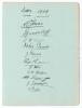 Nottinghamshire 1909. Large album page very nicely signed in black ink by eleven members of the 1909 Nottinghamshire team. Signatures are A.O. Jones (Captain), J. Hardstaff, T.W. Oates, J.R. Gunn, J.W. Barnes, G. Gunn, T.G. Wass, A.W. Hallam, A. Iremonger