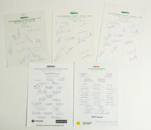 Leicestershire C.C.C. 1984-2003. Five official autograph sheets for seasons 1984 (14 signatures), 1992 (16), 1993 (16), 1997 (23), and 2003 (23). The 1993 sheet laid down to card. Signatures include Briers, Balderstone, Parsons, Willey, Roberts, Whitaker,