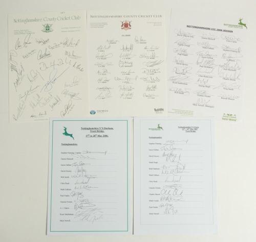 Nottinghamshire C.C.C. 1987-2007. Five official autograph sheets. Three are for seasons 1987 (22 signatures), 1997 (23, fully signed), and 2006 (22, fully signed), also two fully signed team sheets for matches at Trent Bridge v Durham 2006 (12) and v Esse