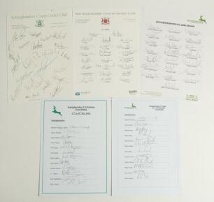 Nottinghamshire C.C.C. 1987-2007. Five official autograph sheets. Three are for seasons 1987 (22 signatures), 1997 (23, fully signed), and 2006 (22, fully signed), also two fully signed team sheets for matches at Trent Bridge v Durham 2006 (12) and v Esse
