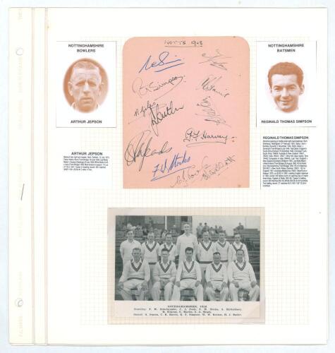 Nottinghamshire C.C.C. 1948 and 1956. Two album pages comprising signatures of Nottinghamshire teams. One signed in ink by twelve members of the 1948 team, the other by eleven of 1956. Signatures include Sime, Jepson, Simpson, Harris, Giles, Butler, Keeto