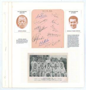 Nottinghamshire C.C.C. 1948 and 1956. Two album pages comprising signatures of Nottinghamshire teams. One signed in ink by twelve members of the 1948 team, the other by eleven of 1956. Signatures include Sime, Jepson, Simpson, Harris, Giles, Butler, Keeto