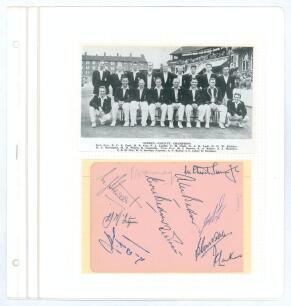 Surrey C.C.C. c.1954/55. Two album pages comprising signatures in ink (one in pencil), each signed by eleven members of Surrey teams. Signatures include May (in pencil), Surridge, Stewart, A. & E. Bedser, McIntyre, Barrington, D. Pratt, Lock, Constable, L