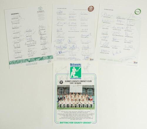 Surrey C.C.C. 1991-2006. Eight autograph sheets, of which four are official, for seasons 1991 (10 signatures), 2003 (21 fully signed), 2005 (25), and 2006 (21). Unofficial sheets are for seasons 1997 (19), 1999 (18), 2001 (16), and one undated (22). Signa