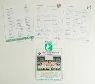 Surrey C.C.C. 1991-2006. Eight autograph sheets, of which four are official, for seasons 1991 (10 signatures), 2003 (21 fully signed), 2005 (25), and 2006 (21). Unofficial sheets are for seasons 1997 (19), 1999 (18), 2001 (16), and one undated (22). Signa