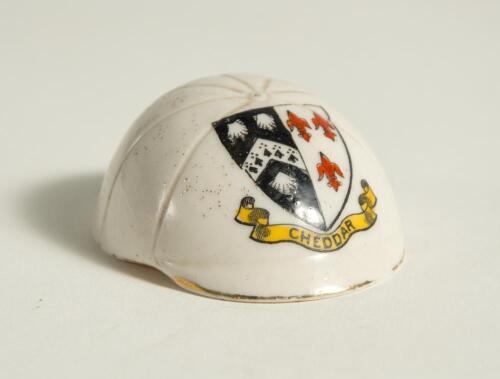 Cricket cap. Crested china cricket cap with colour emblem for &lsquo;Cheddar&rsquo;. 2.5&rdquo; diameter. Rita China. Good/very good condition. Rare