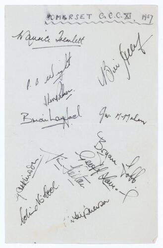 Somerset C.C.C. 1957. Album page signed in black ink by twelve members of the 1957 Somerset team. Signatures include Tremlett (Captain), Wight, Palmer, Langford, McMahon, Atkinson, McCool, Lomax, Lobb, Stephenson etc. Sold with two official menus for Bene