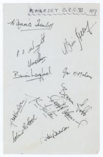 Somerset C.C.C. 1957. Album page signed in black ink by twelve members of the 1957 Somerset team. Signatures include Tremlett (Captain), Wight, Palmer, Langford, McMahon, Atkinson, McCool, Lomax, Lobb, Stephenson etc. Sold with two official menus for Bene