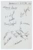 Somerset C.C.C. 1957. Album page signed in black ink by twelve members of the 1957 Somerset team. Signatures include Tremlett (Captain), Wight, Palmer, Langford, McMahon, Atkinson, McCool, Lomax, Lobb, Stephenson etc. Sold with two official menus for Bene