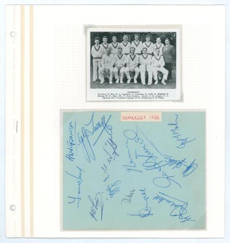 Somerset C.C.C. 1955, 1956 and c.1957. Three album pages comprising signatures in ink of Somerset teams of 1955 (thirteen signatures), 1956 (12) and c.1957 (12). Signatures include Tordoff, Stephenson, Wight, Tripp, Lobb, Hall, Lawrence, McMahon, Tremlett