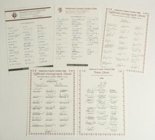 Somerset C.C.C. 1991-1997. Five official autograph sheets, fully signed unless stated. Seasons are 1991 (21 signatures), 1992 (23, lacking three), 1994 (25), 1997 (25), and 1999 (23, lacking one). Signatures include Burns, Caddick, Cook, Mallender, Roebuc