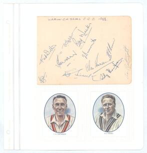 Warwickshire C.C.C. 1956. Larger album page nicely signed in ink by eleven members of the 1956 Warwickshire team. Signatures include Hollies (Captain), Wolton, Weeks, Gardner, Bannister, Townsend, Thompson, Hitchcock, Cartwright etc. The album page laid d