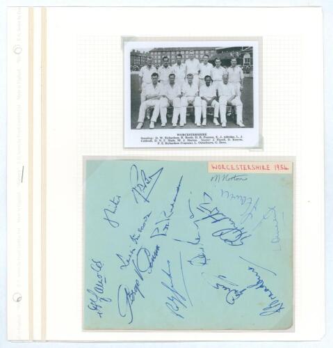 Worcestershire C.C.C. 1954 and c.1957. Two larger album pages, one with fourteen signatures in biro of the 1954 team, the other with eleven in ink. Signatures include Bird, Booth, Yarnold, Outschoorn, Richardson, Jenkins, Kenyon, Dews, Broadbent, Flavell,