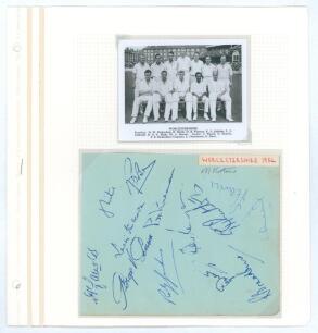 Worcestershire C.C.C. 1954 and c.1957. Two larger album pages, one with fourteen signatures in biro of the 1954 team, the other with eleven in ink. Signatures include Bird, Booth, Yarnold, Outschoorn, Richardson, Jenkins, Kenyon, Dews, Broadbent, Flavell,