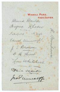 Yorkshire C.C.C. c.1898. Early page of Wighill Park, Tadcaster headed note paper, very nicely signed in ink by ten Yorkshire players. Signatures are David Denton, Wilfred Rhodes, Schofield Haigh, Edward Wainwright, J.T. &lsquo;Jack&rsquo; Brown, George Hirst, Lees Wh