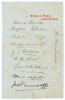 Yorkshire C.C.C. c.1898. Early page of Wighill Park, Tadcaster headed note paper, very nicely signed in ink by ten Yorkshire players. Signatures are David Denton, Wilfred Rhodes, Schofield Haigh, Edward Wainwright, J.T. &lsquo;Jack&rsquo; Brown, George Hirst, Lees Wh