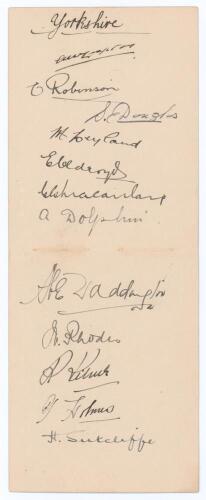 Yorkshire C.C.C. 1925. Two joined album pages beautifully signed in black ink by the twelve members of the Yorkshire team for the match v Sussex at Hove 29th August- 1st September 1921. Signatures are Lupton (Captain), Robinson, Leyland, Oldroyd, Macaulay