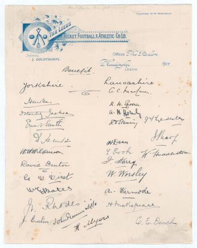 David Denton. Yorkshire & England 1894-1920. Denton&rsquo;s Benefit 1907. Page of &lsquo;The Leeds Cricket, Football & Athletic Club&rsquo; official letterhead, dated 1907 with handwritten title &lsquo;Benefit&rsquo;, beautifully signed in black ink by the members of the Yorkshire and